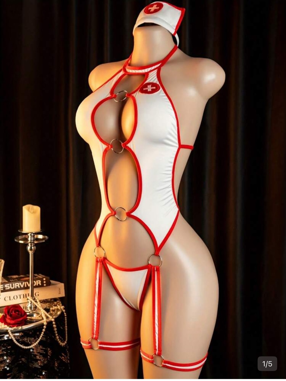 2/50$🔥Nurse Costume Lingerie - White & Red Strappy Bodysuit
